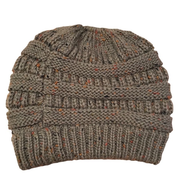 C.C. Ponytail Beanie Hat Knit Winter High Ponytail Messy Bun Gray - Picture 2 of 5
